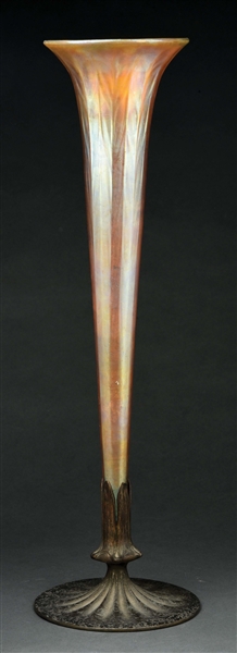 TIFFANY STUDIOS TALL FAVRILE GLASS VASE WITH BRONZE BASE.