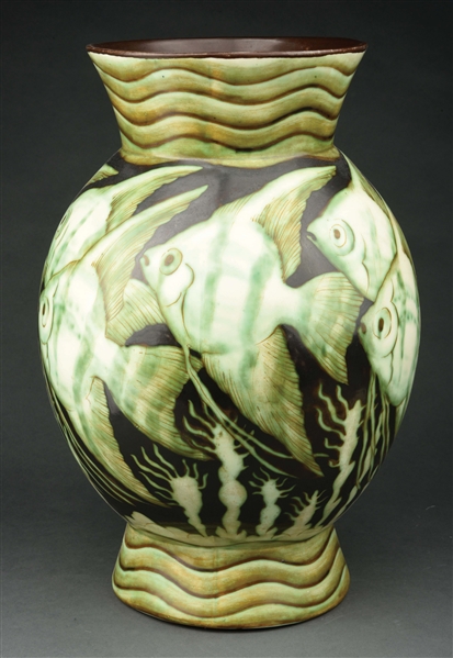 MONUMENTAL BOCH FRERES VASE WITH FISH.