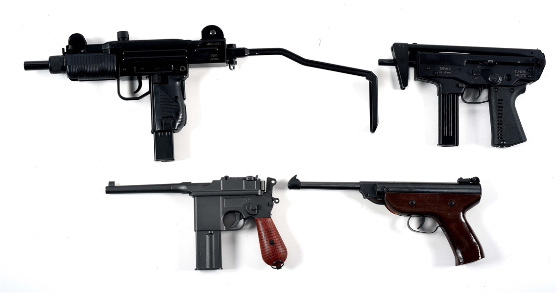LOT OF 4: BB SUBMACHINE GUNS AND AIR PISTOL.