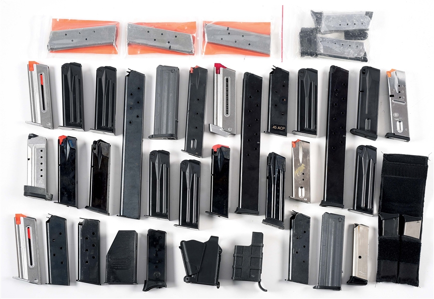 LARGE LOT OF HANDGUN MAGAZINES WITH LOADERS.