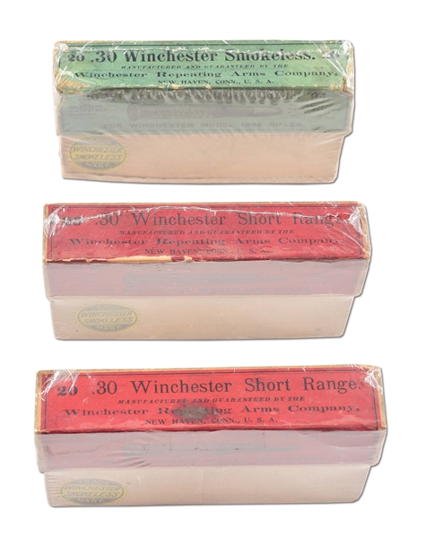 LOT OF 3: ANTIQUE BOXES OF WINCHESTER .30-30 SHELLS FOR 1894 RIFLE.