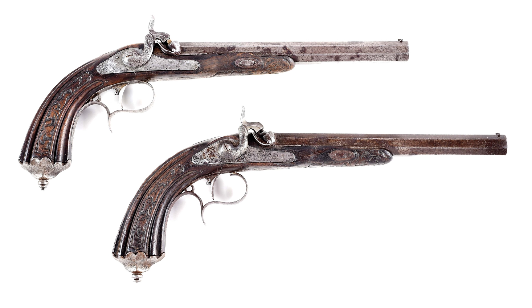 (A) PAIR OF SWISS PERCUSSION PISTOLS BY JAQUET.