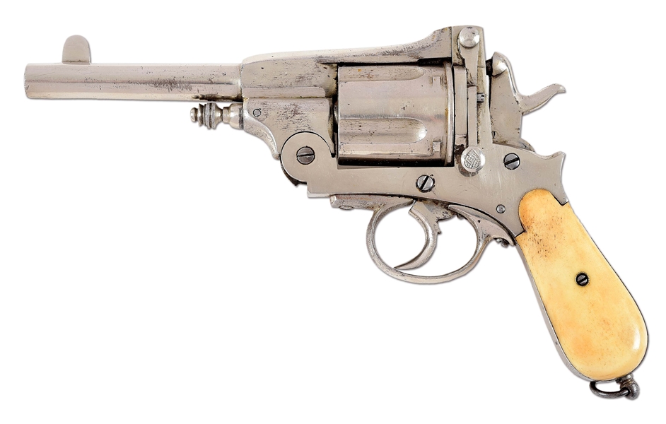 (A) MASSIVE NICKEL PLATED BELGIAN MONTENEGRO PATTERN DOUBLE ACTION REVOLVER.