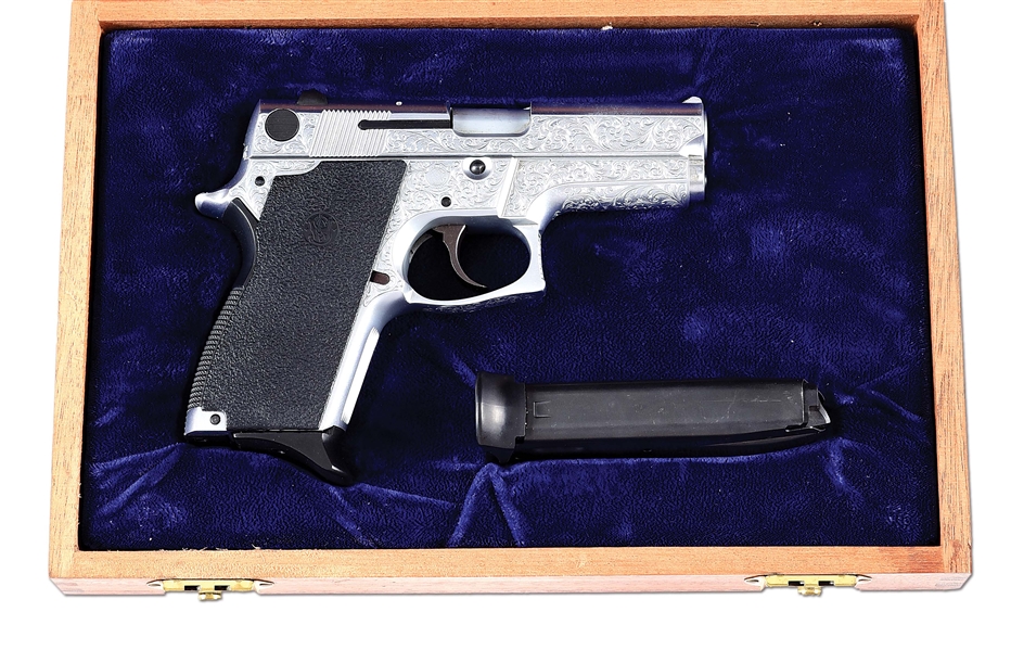 (M) FACTORY ENGRAVED SMITH & WESSON MODEL 469 SEMI AUTOMATIC PISTOL IN PRESENTATION CASE.