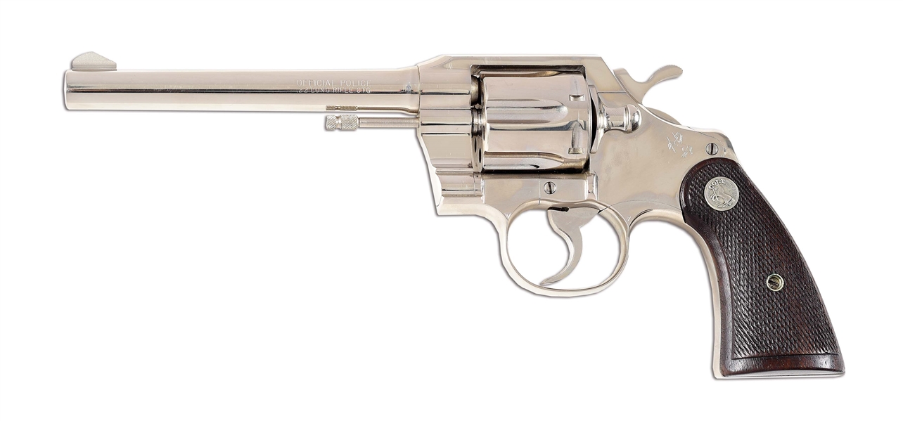 (C) NICKEL FINISHED COLT OFFICIAL POLICE .22 LR DOUBLE ACTION REVOLVER.