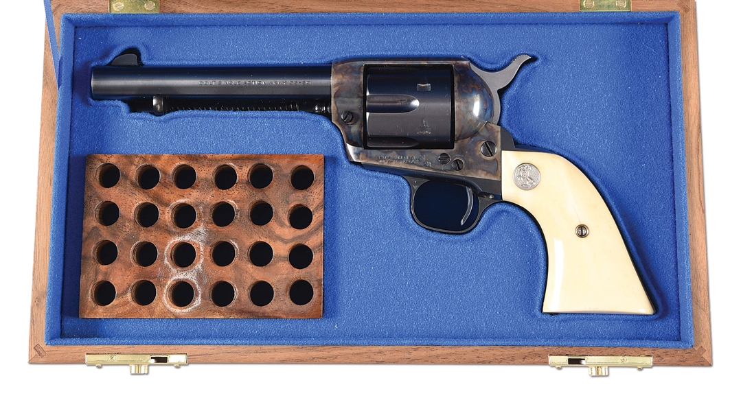 (C) COLT SINGLE ACTION ARMY WITH CARVED STEERHEAD IVORY GRIPS IN BURL WALNUT BOX.