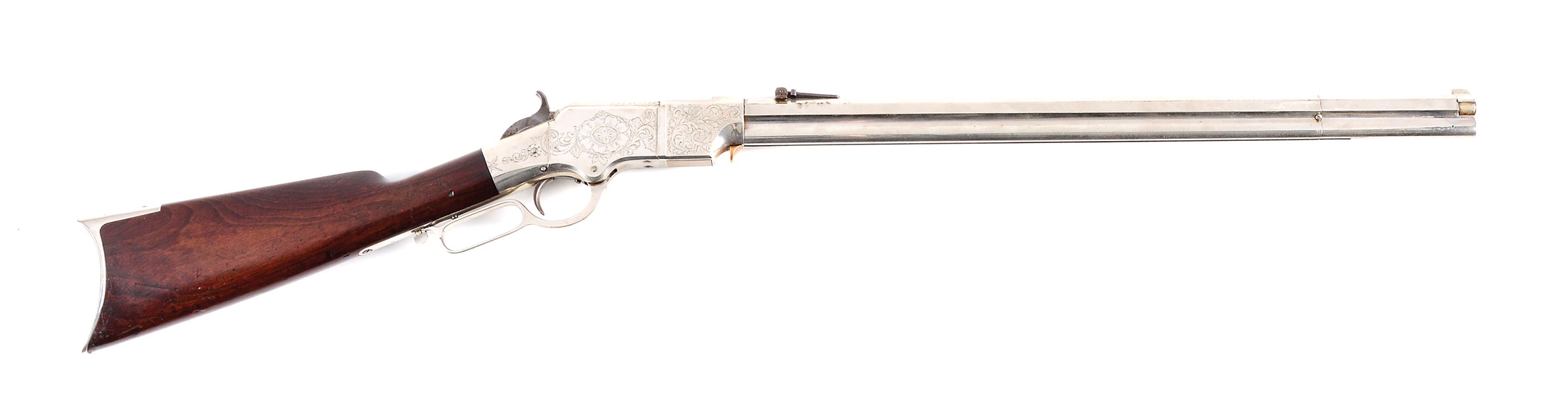 (A) ENGRAVED & NICKEL PLATED LATE MODEL HENRY LEVER ACTION RIFLE.