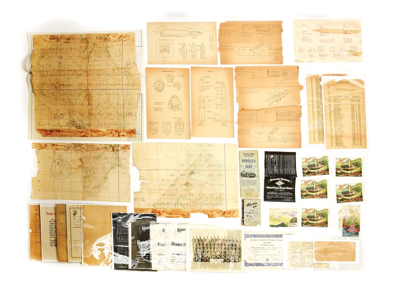 IDD WORLD WAR II USMC EPHEMERA GROUPING WITH ORIGINAL TINIAN INVASION MAPS.