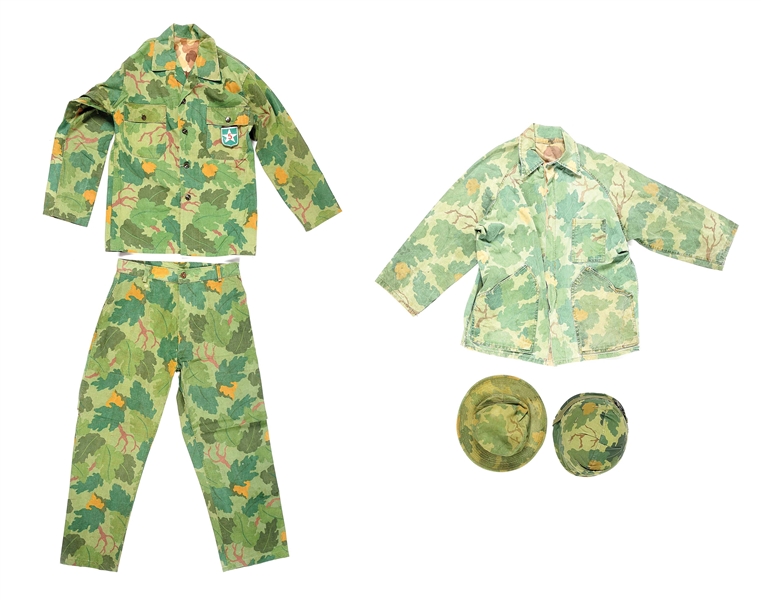 LOT OF EARLY VIETNAM WAR MITCHELL PATTERN JACKETS, BOONEY HAT, AND VERY CLEAN M1 HELMET WITH MITCHEL PATTERN COVER.
