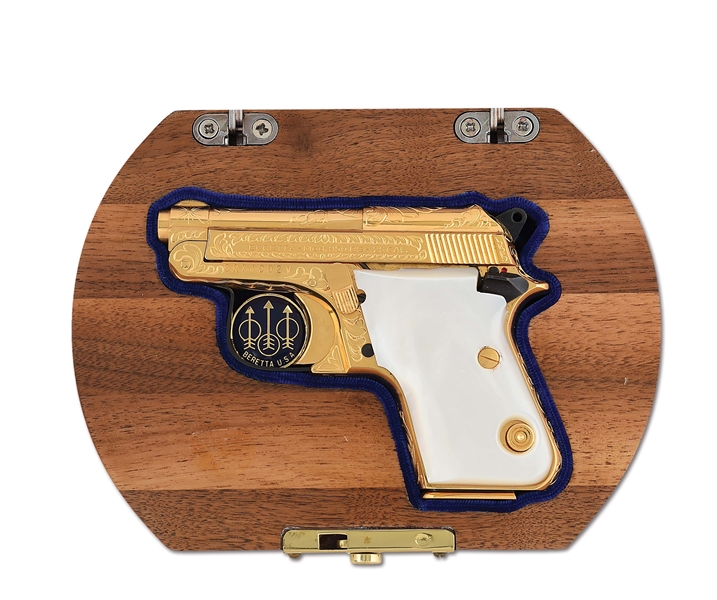 (M) FACTORY CASED, GOLD PLATED, AND ENGRAVED BERETTA MODEL 950BS SEMI AUTOMATIC PISTOL.