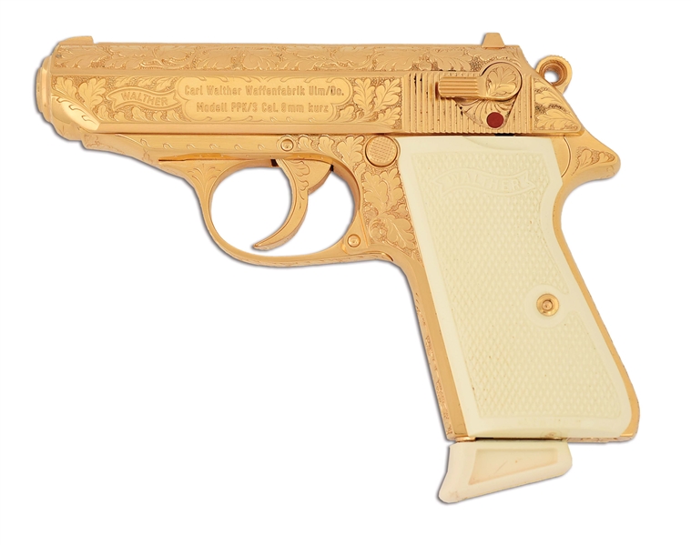 (C) CASED GOLD PLATED AND ENGRAVED WALTHER PPK/S SEMI AUTOMATIC PISTOL.