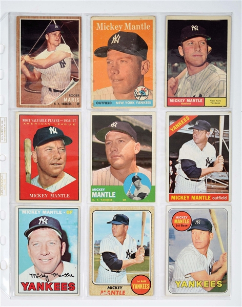 LOT OF 9: TOPPS 1950S AND 1960S MICKEY MANTLE AND ROGER MARIS BASEBALL CARDS.