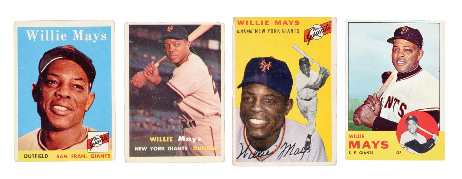 LOT OF 4: VARIOUS 1950S AND 1960S TOPPS WILLIE MAYS BASEBALL CARDS.
