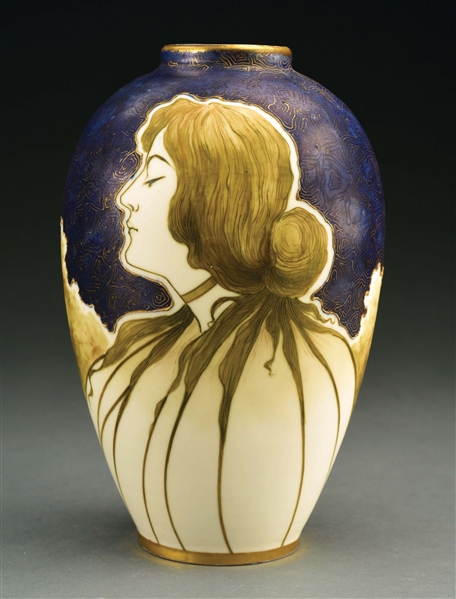 AMPHORA MATTE AND ENAMEL PORTRAIT VASE WITH ENAMELED BUTTERFLY ON REVERSE.