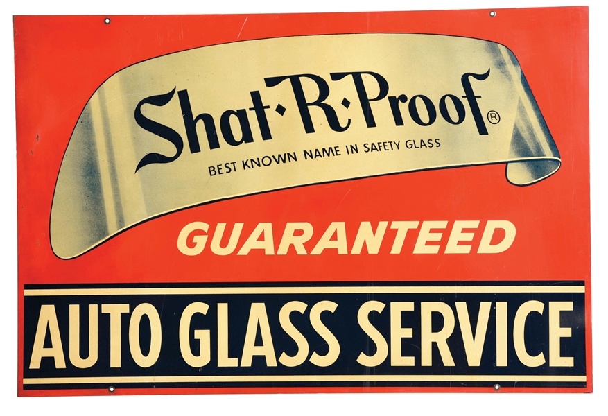 SHAT-R-PROOF AUTO GLASS SERVICE TIN SIGN W/ WINDSHIELD GLASS GRAPHIC. 