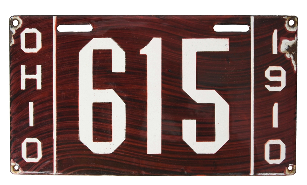 1910 OHIO THREE DIGIT "615" PORCELAIN AUTOMOBILE LICENSE PLATE. 