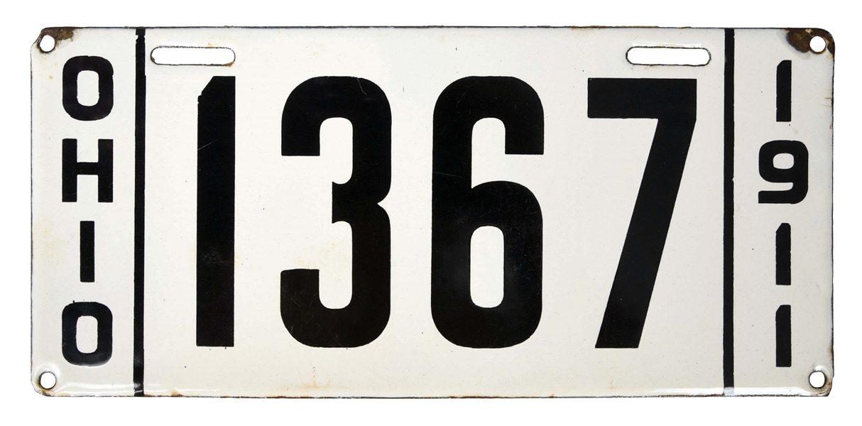 1911 OHIO "1367" FOUR DIGIT PORCELAIN SINGLE LICENSE PLATE.