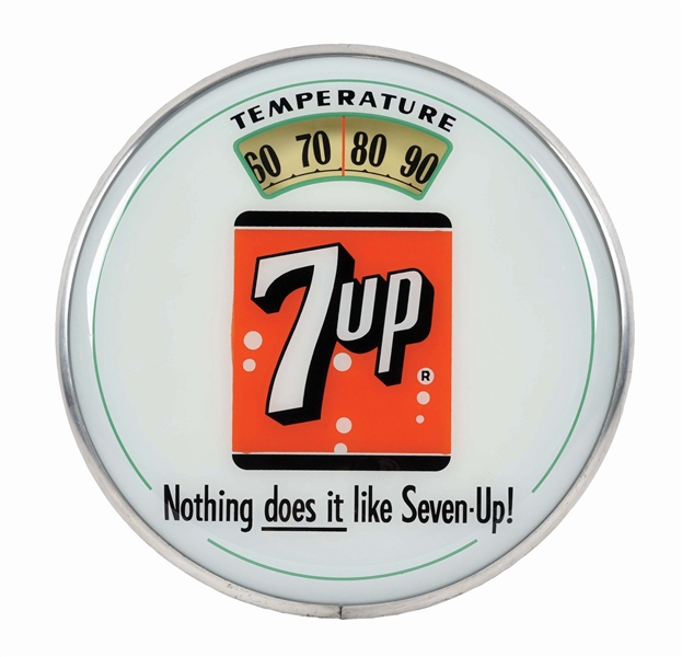NOTHING DOES IT LIKE 7 UP SODA POP GLASS FACE THERMOMETER.