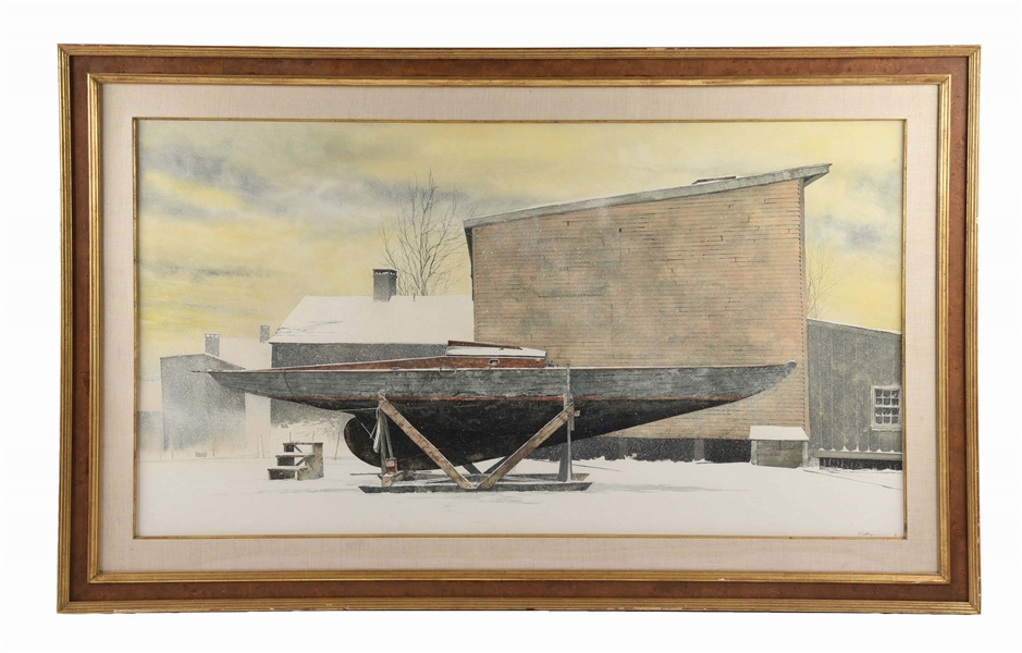 PETER SCULTHOPRE (AMERICAN/CANADIAN, CONTEMPORARY). DRYDOCKED SAILBOAT IN WINTER.