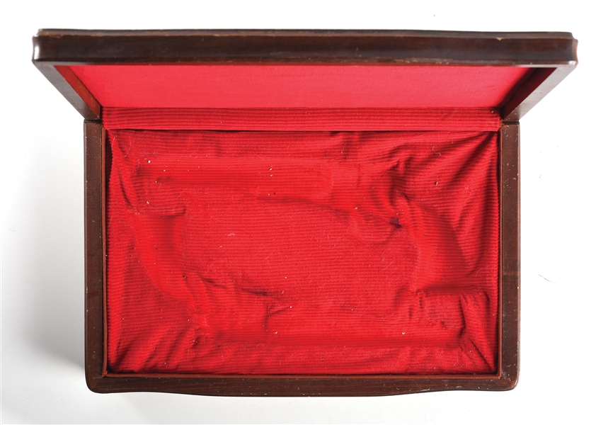 WOODEN TWO GUN CASE WITH RED LINER FOR A PAIR OF COLT MODEL 1860 ARMY SINGLE ACTION REVOLVERS.