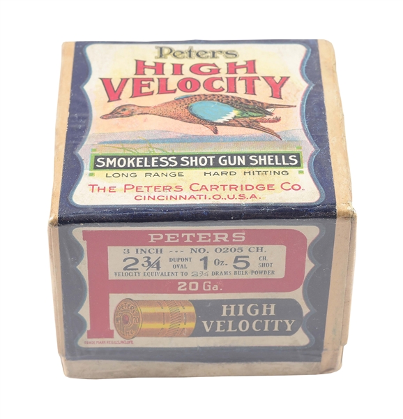 PETERS HIGH VELOCITY "BLUE WING TEAL" SEALED 2-PIECE BOX 20 GAUGE SHOTGUN SHELLS.