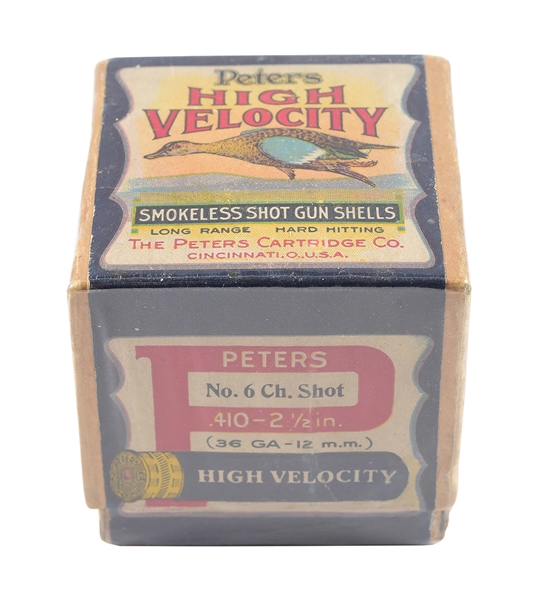 PETERS HIGH VELOCITY SEALED FULL 2-PIECE BOX .410 GAUGE WITH BLUE WING TEAL 