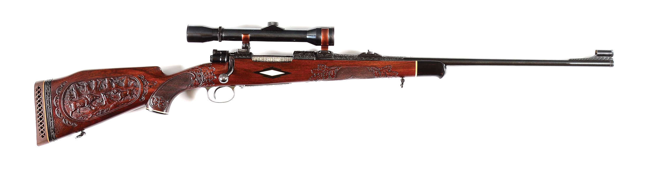 (C) HIGHLY ATTRACTIVE KURT JAEGER ENGRAVED BOLT ACTION RIFLE WITH SCOPE.