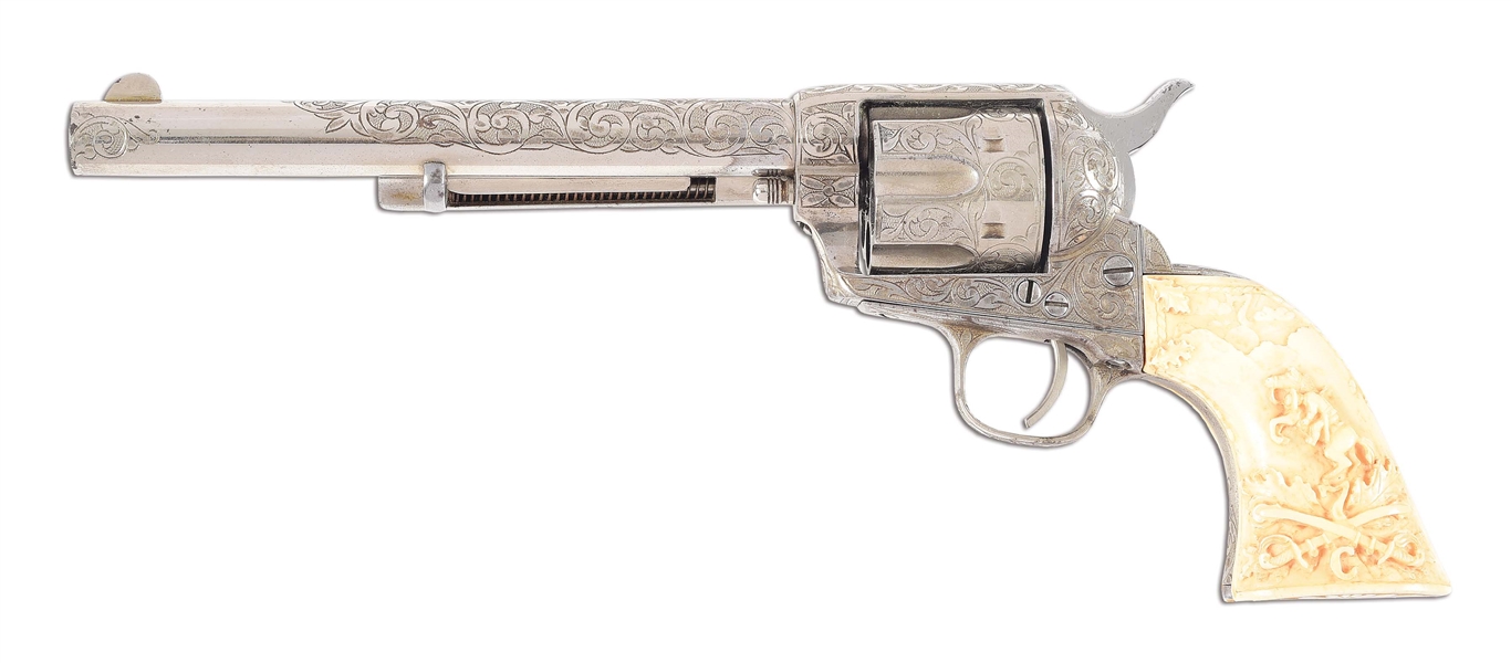 (A) NICKEL PLATED AND ENGRAVED COLT CAVALRY SINGLE ACTION ARMY REVOLVER WITH 7TH CAVALRY IVORY GRIPS (1883).
