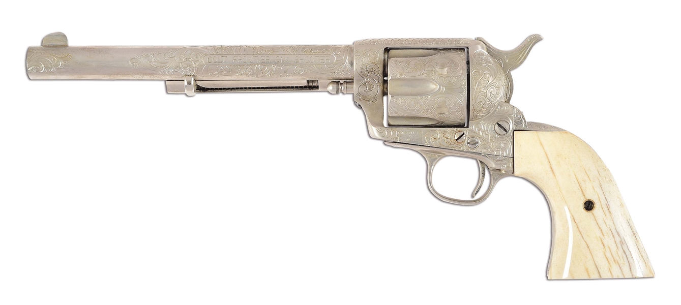 (A) CUSTOM ENGRAVED COLT FRONTIER SIX SHOOTER SINGLE ACTION REVOLVER WITH GIRAFFE BONE GRIPS.