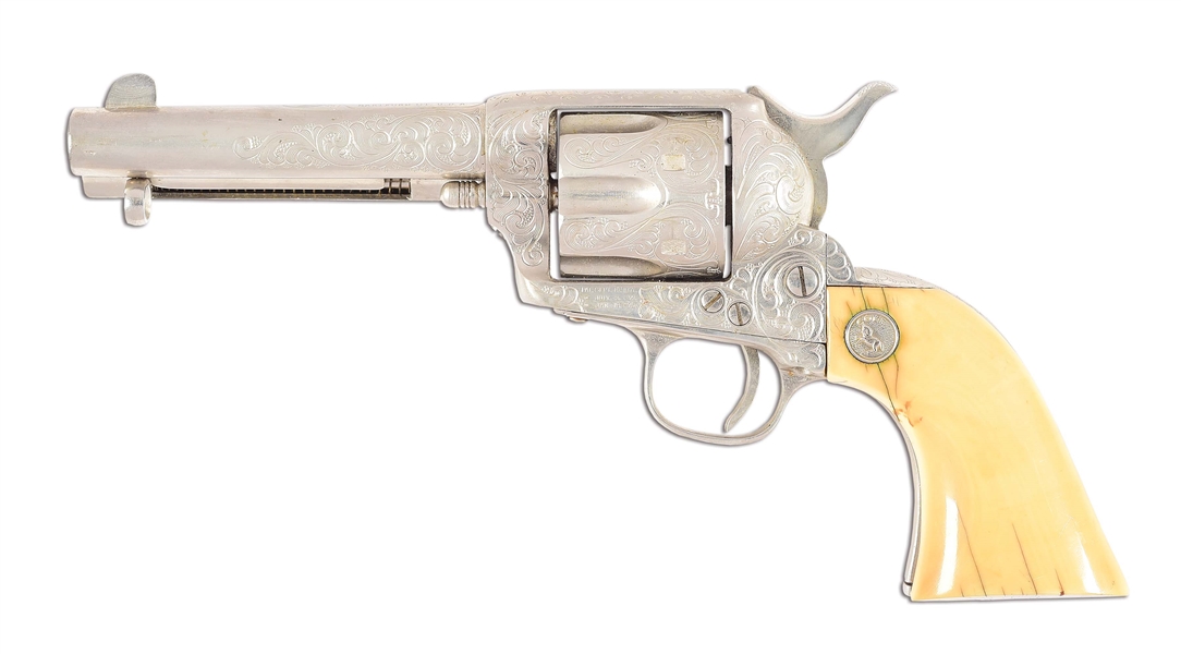 (A) NICKEL PLATED AND ENGRAVED COLT SINGLE ACTION ARMY REVOLVER.