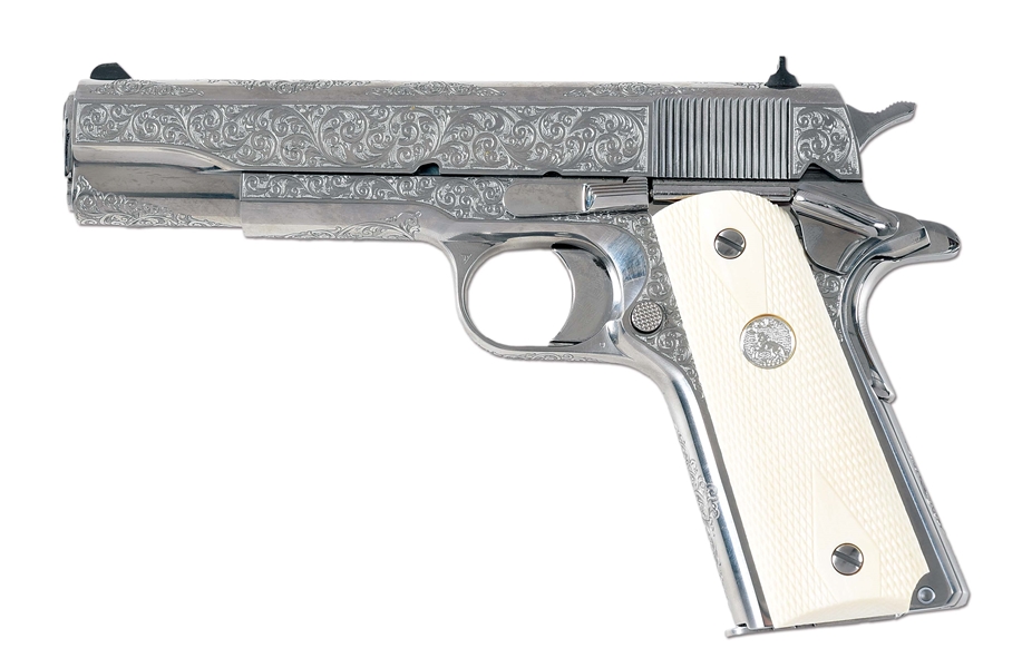 (M) JOHN PEASE ENGRAVED COLT GOVERNMENT MODEL SEMI-AUTOMATIC PISTOL WITH FACTORY BOX AND FACTORY LETTER.