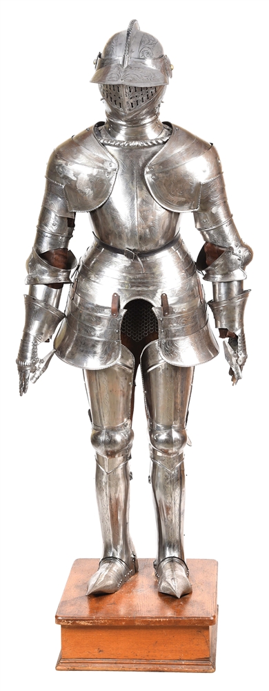 A GOOD MOUNTED FULL SUIT OF ETCHED VICTORIAN ARMOR.
