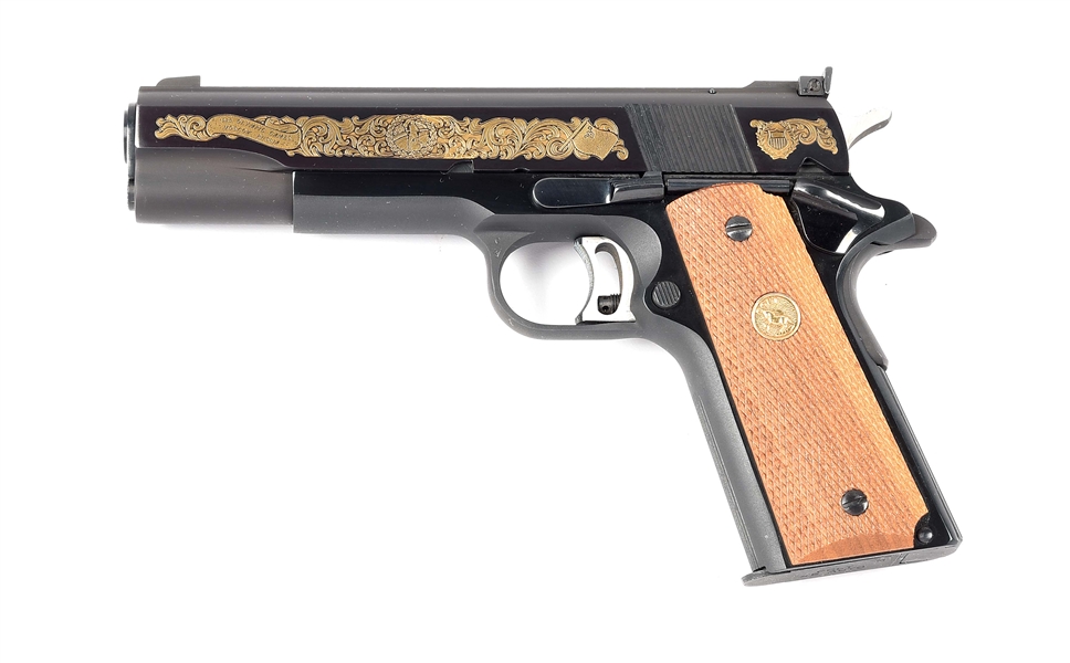 (M) COLT GOLD CUP NATIONAL MATCH MARK IV .45 ACP SEMI AUTOMATIC PISTOL 1980 OLYMPIC GOLD CUP SPECIAL EDITION WITH BOX AND FACTORY LETTER, INDICATING USE AS COLT FACTORY DISPLAY PISTOL AND SAMPLE.