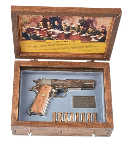 (M) COLT WORLD WAR II EUROPEAN THEATRE OF OPERATIONS COMMEMORATIVE 1911A1 SEMI AUTOMATIC PISTOL WITH CASE AND BOOK.