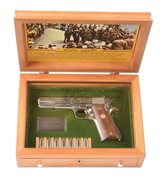 (C) COLT WORLD WAR II PACIFIC THEATER OF OPERATIONS COMMEMORATIVE 1911A1 SEMI AUTOMATIC PISTOL WITH DISPLAY CASE.