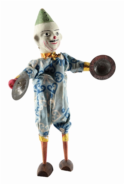 EARLY GERMAN COMPOSITION AND WOOD CLOWN SQUEAK TOY.