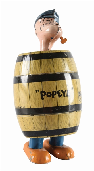 CHEIN TIN LITHO WIND-UP POPEYE IN BARREL TOY.