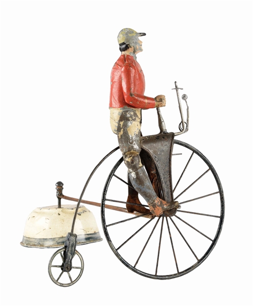 RARE EARLY GERMAN HAND-PAINTED GUNTHERMANN HIGH-WHEEL BICYCLE TOY.