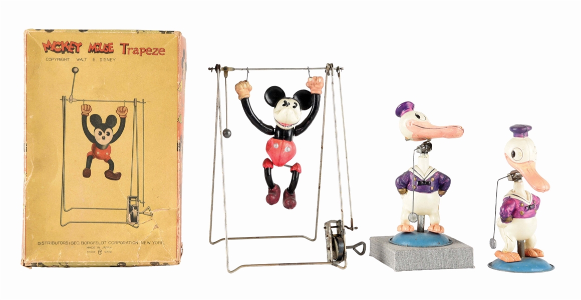 LOT OF 3: PRE-WAR JAPANESE CELLULOID WALT DISNEY MICKEY MOUSE AND DONALD DUCK TOYS.
