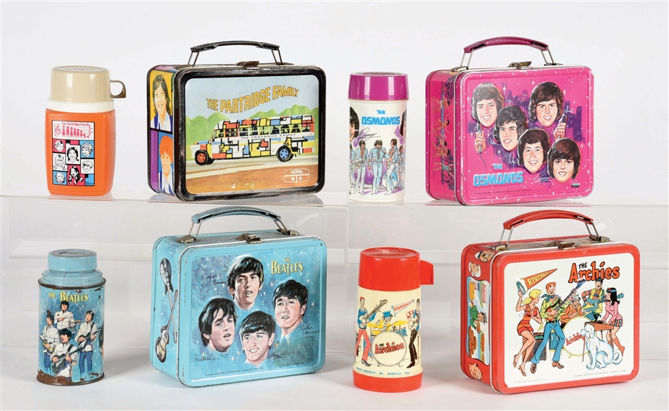 LOT OF 8: 4 VARIOUS TIN LITHO MUSICAL-THEMED LUNCH BOXES WITH MATCHING THERMOSES.