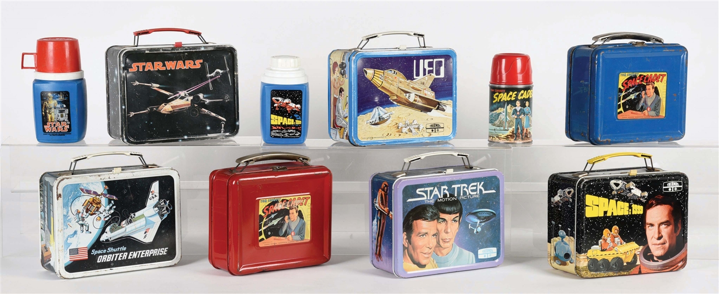 LOT OF 10: 7 VINTAGE TIN LITHO SPACE-THEMED LUNCHBOXES WITH 3 MATCHING THERMOSES.