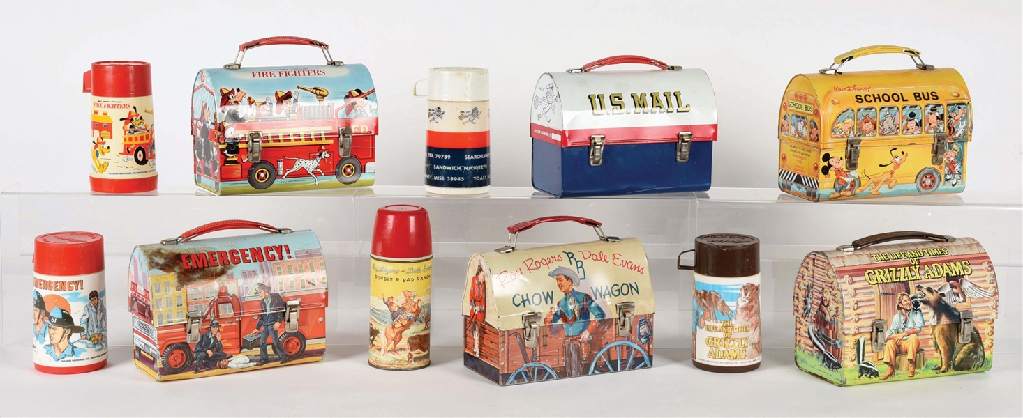 LOT OF 11: 6 VINTAGE TIN LITHO DOME-TOP LUNCHBOXES AND 5 MATCHING THERMOSES.