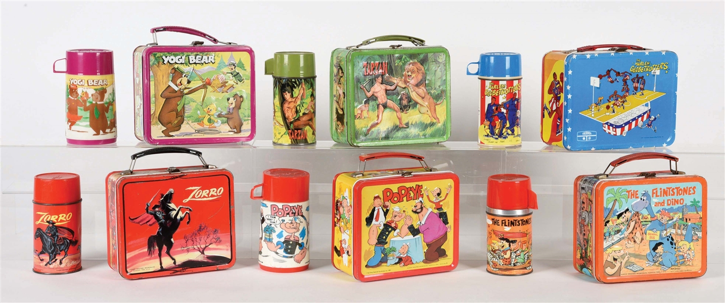 LOT OF 12: 6 VINTAGE TIN LITHO LUNCHBOXES WITH 6 MATCHING THERMOSES.
