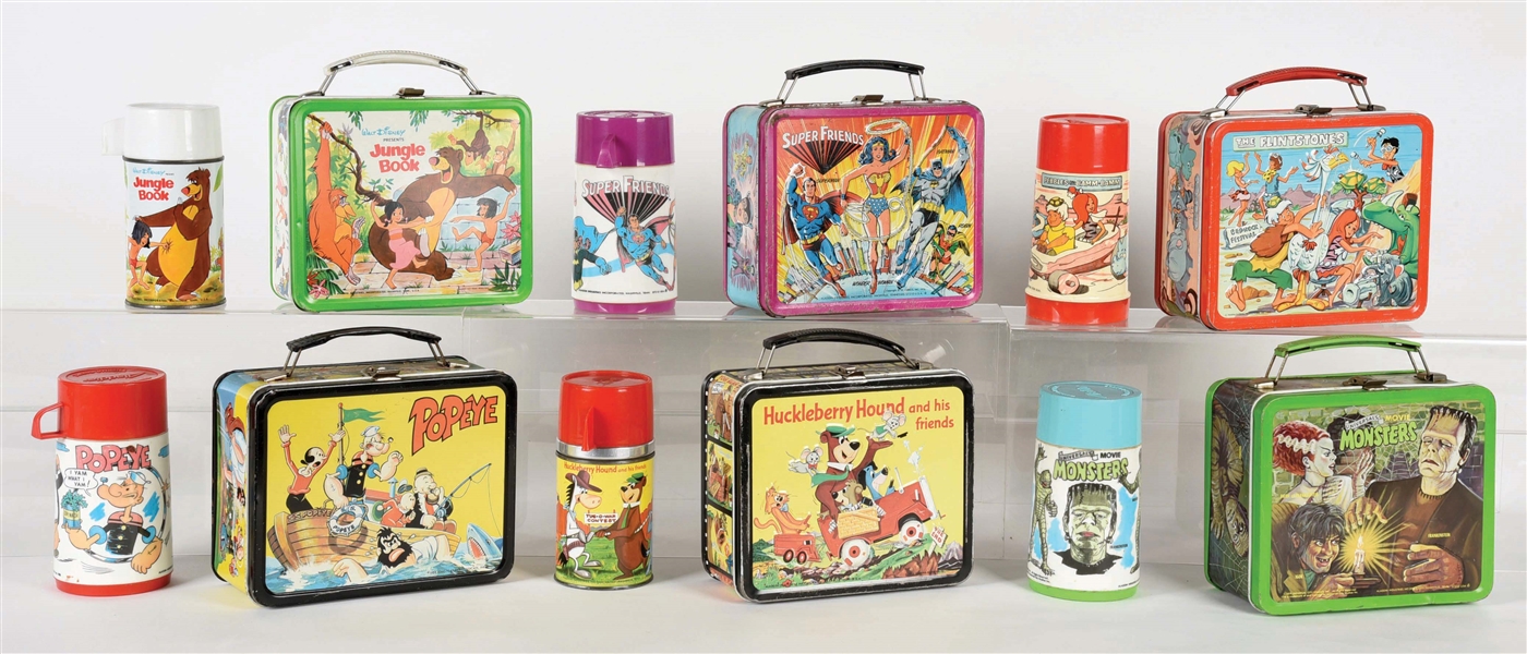 LOT OF 12: 6 VINTAGE TIN LITHO LUNCHBOXES WITH MATCHING THERMOSES.