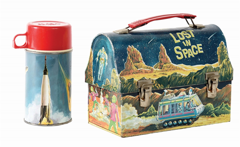 VINTAGE TIN LITHO "LOST IN SPACE" LUNCH BOX WITH GENERIC THERMOS.