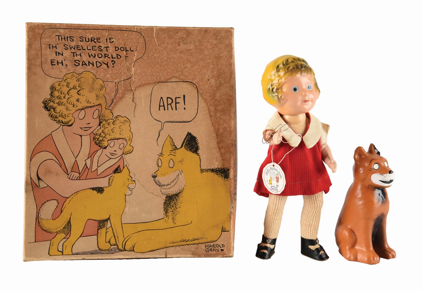 HAROLD GRAY LICENSED LITTLE ORPHAN ANNIE AND SANDY COMPOSITION DOLL SET.