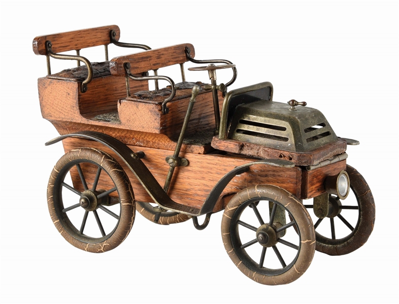 VERY EARLY GERMAN METAL AND WOOD FOLK ART-TYPE CIGARETTE AND MATCHES AUTOMOBILE BOX.