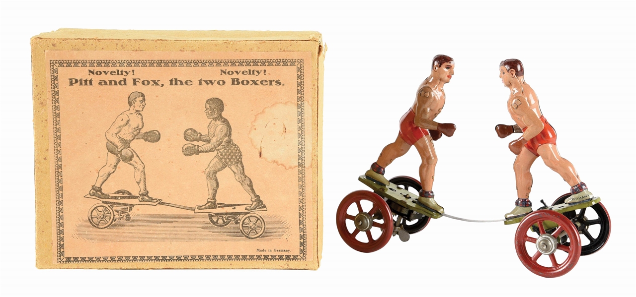 EARLY GERMAN TIN LITHO WIND-UP BOXING TOY WITH ORIGINAL BOX.
