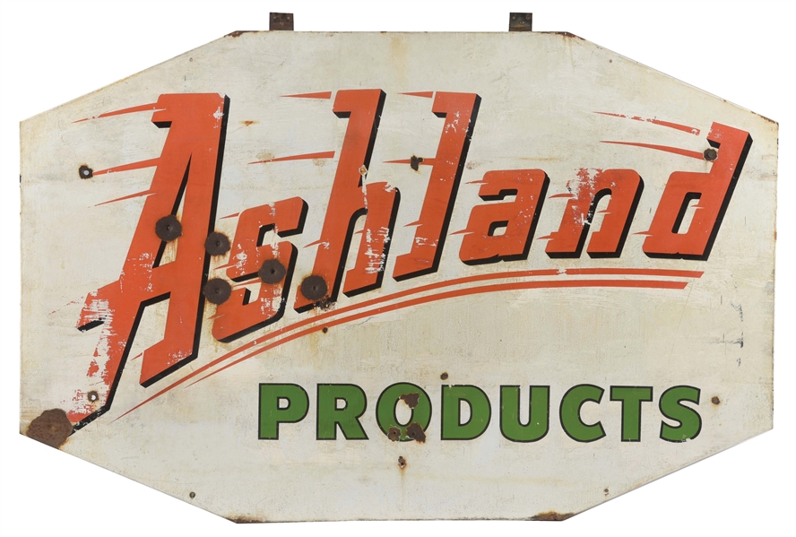 ASHLAND PRODUCTS PORCELAIN SERVICE STATION SIGN W/ COOKIE CUTTER EDGE. 
