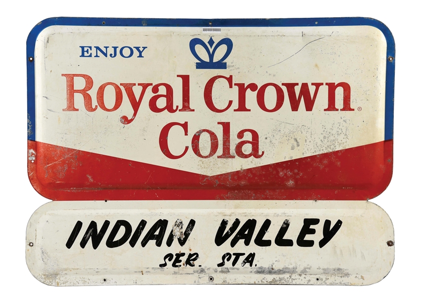 ROYAL CROWN COLA TIN SIGN FOR INDIAN VALLEY SERVICE STATION. 